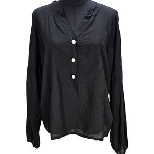 Women's Tandem OS Black Viscose Blouse Pearl Button Made in Italy Top Lagenlook